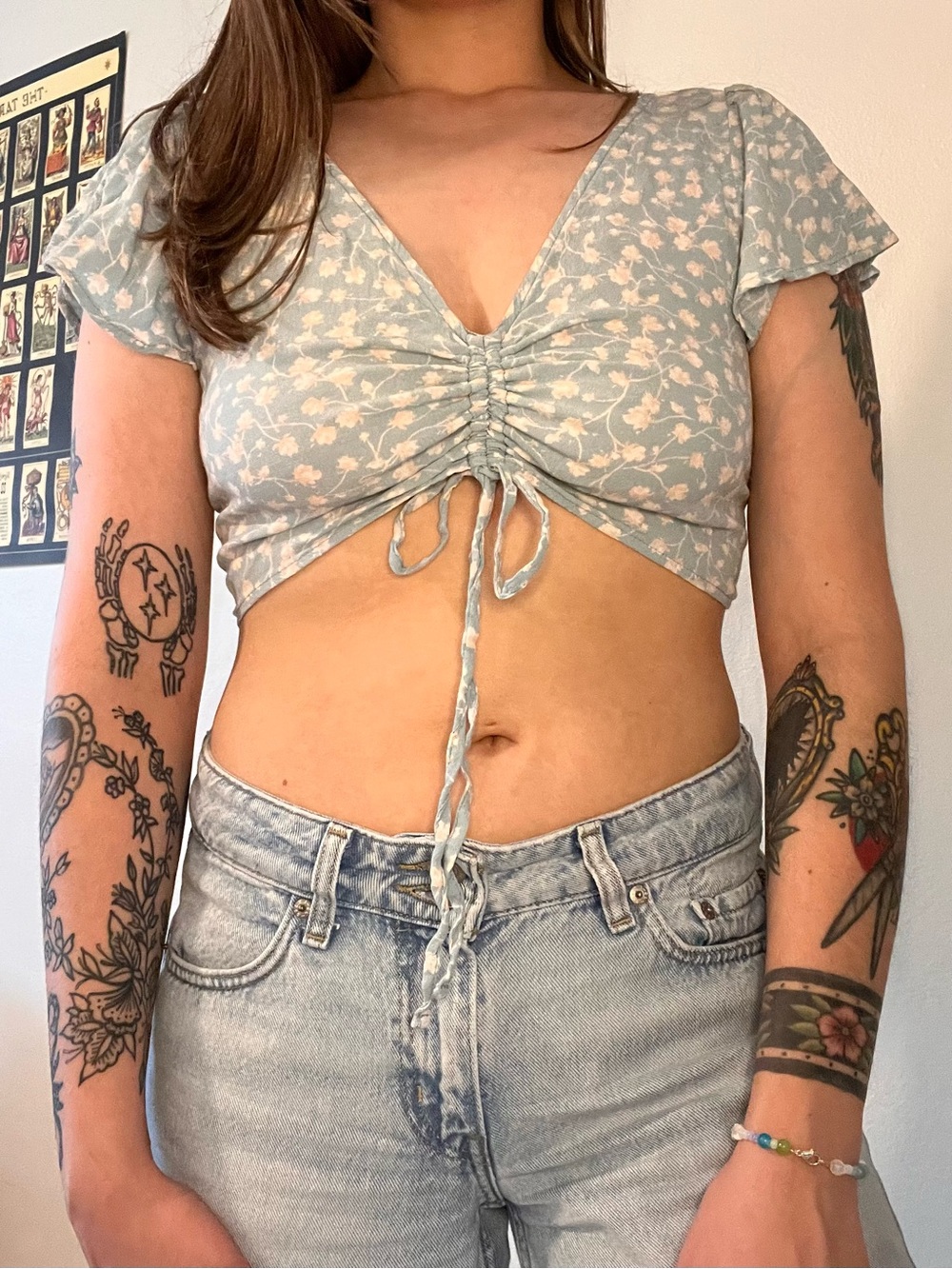 Garage Sage Green Floral Ruched Tie-Front Crop Top